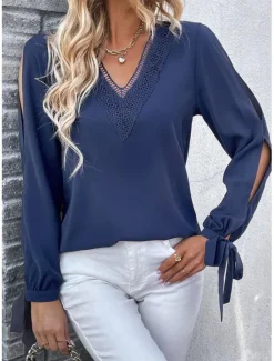 Women's Elegant Lace Tops Eyelet Blouse Stylish Modern Lace Hollow Out Long Sleeve Regular Tops V Neck Work Daily Romantic Petite Tops Summer Holiday Wear Semi Formal Blouses Women Lace Tops