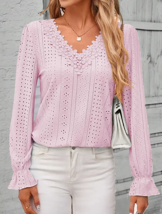 Outlet Women's Elegant Lace Tops Eyelet Blouse Solid Color Lace Eyelet Flutter Sleeve Long Sleeve Regular Tops V Neck Daily Romantic Petite Tops Summer Holiday Wear Pink Blue Purple Green Spring Fall Women Lace Tops
