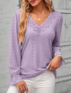 Outlet Women's Elegant Lace Tops Eyelet Blouse Solid Color Lace Eyelet Flutter Sleeve Long Sleeve Regular Tops V Neck Daily Romantic Petite Tops Summer Holiday Wear Pink Blue Purple Green Spring Fall Women Lace Tops
