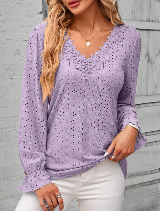 Outlet Women's Elegant Lace Tops Eyelet Blouse Solid Color Lace Eyelet Flutter Sleeve Long Sleeve Regular Tops V Neck Daily Romantic Petite Tops Summer Holiday Wear Pink Blue Purple Green Spring Fall Women Lace Tops