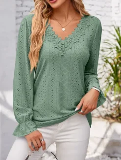 Outlet Women's Elegant Lace Tops Eyelet Blouse Solid Color Lace Eyelet Flutter Sleeve Long Sleeve Regular Tops V Neck Daily Romantic Petite Tops Summer Holiday Wear Pink Blue Purple Green Spring Fall Women Lace Tops
