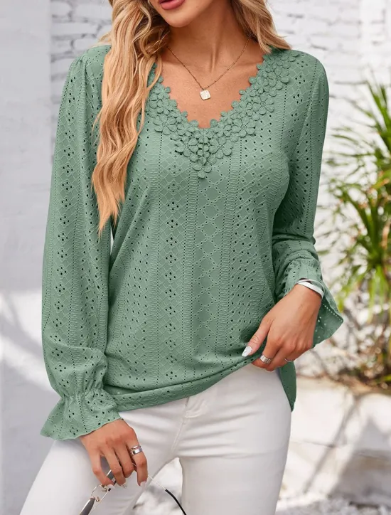 Outlet Women's Elegant Lace Tops Eyelet Blouse Solid Color Lace Eyelet Flutter Sleeve Long Sleeve Regular Tops V Neck Daily Romantic Petite Tops Summer Holiday Wear Pink Blue Purple Green Spring Fall Women Lace Tops