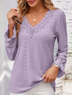 Outlet Women's Elegant Lace Tops Eyelet Blouse Solid Color Lace Eyelet Flutter Sleeve Long Sleeve Regular Tops V Neck Daily Romantic Petite Tops Summer Holiday Wear Pink Blue Purple Green Spring Fall Women Lace Tops