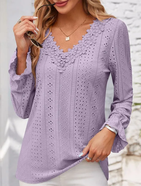 Outlet Women's Elegant Lace Tops Eyelet Blouse Solid Color Lace Eyelet Flutter Sleeve Long Sleeve Regular Tops V Neck Daily Romantic Petite Tops Summer Holiday Wear Pink Blue Purple Green Spring Fall Women Lace Tops