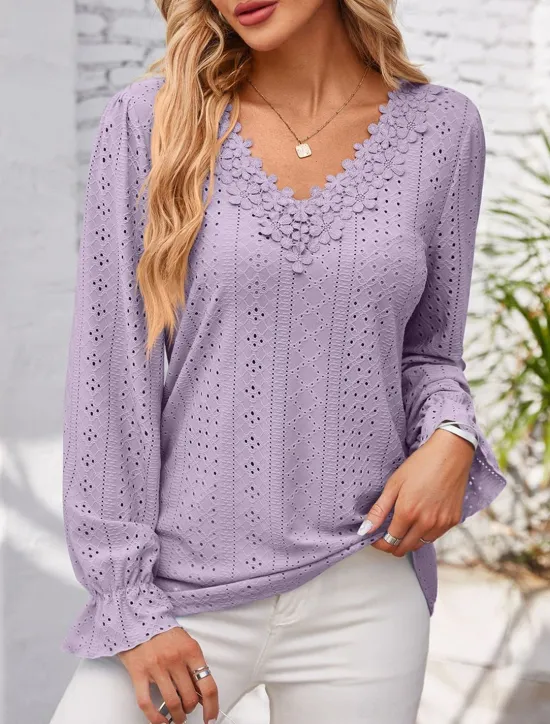 Outlet Women's Elegant Lace Tops Eyelet Blouse Solid Color Lace Eyelet Flutter Sleeve Long Sleeve Regular Tops V Neck Daily Romantic Petite Tops Summer Holiday Wear Pink Blue Purple Green Spring Fall Women Lace Tops