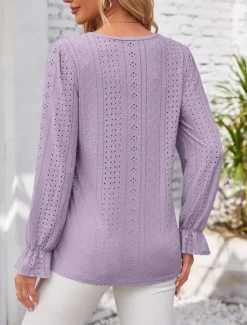 Outlet Women's Elegant Lace Tops Eyelet Blouse Solid Color Lace Eyelet Flutter Sleeve Long Sleeve Regular Tops V Neck Daily Romantic Petite Tops Summer Holiday Wear Pink Blue Purple Green Spring Fall Women Lace Tops