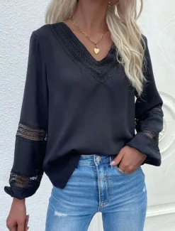 New Women's Elegant Lace Tops Eyelet Blouse Stylish Modern Lace Hollow Out Long Sleeve Regular Tops V Neck Work Daily Romantic Petite Tops Summer Holiday Wear Spring Fall Women Lace Tops