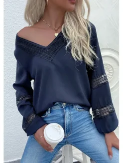 New Women's Elegant Lace Tops Eyelet Blouse Stylish Modern Lace Hollow Out Long Sleeve Regular Tops V Neck Work Daily Romantic Petite Tops Summer Holiday Wear Spring Fall Women Lace Tops