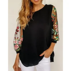 Best Women's Elegant Lace Tops Eyelet Blouse Dressy Tops Stylish Floral Lace Puff Sleeve 3 4 Length Sleeve Crew Neck Daily Romantic Petite Tops Summer Holiday Wear Summer Women Lace Tops
