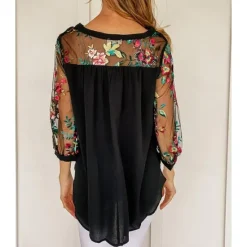 Best Women's Elegant Lace Tops Eyelet Blouse Dressy Tops Stylish Floral Lace Puff Sleeve 3 4 Length Sleeve Crew Neck Daily Romantic Petite Tops Summer Holiday Wear Summer Women Lace Tops