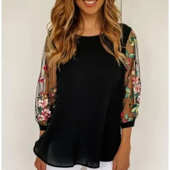 Best Women's Elegant Lace Tops Eyelet Blouse Dressy Tops Stylish Floral Lace Puff Sleeve 3 4 Length Sleeve Crew Neck Daily Romantic Petite Tops Summer Holiday Wear Summer Women Lace Tops