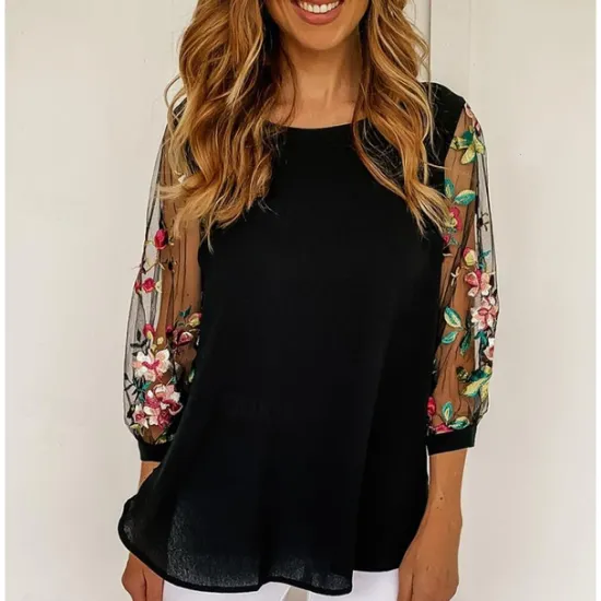 Best Women's Elegant Lace Tops Eyelet Blouse Dressy Tops Stylish Floral Lace Puff Sleeve 3 4 Length Sleeve Crew Neck Daily Romantic Petite Tops Summer Holiday Wear Summer Women Lace Tops