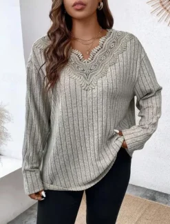 Clearance Women's Elegant Lace Tops Eyelet Blouse Stylish Modern Lace Long Sleeve Regular Tops V Neck Work Daily Romantic Petite Tops Summer Holiday Wear Spring Fall Women Lace Tops