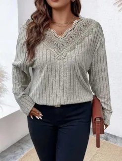 Clearance Women's Elegant Lace Tops Eyelet Blouse Stylish Modern Lace Long Sleeve Regular Tops V Neck Work Daily Romantic Petite Tops Summer Holiday Wear Spring Fall Women Lace Tops