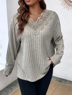 Clearance Women's Elegant Lace Tops Eyelet Blouse Stylish Modern Lace Long Sleeve Regular Tops V Neck Work Daily Romantic Petite Tops Summer Holiday Wear Spring Fall Women Lace Tops