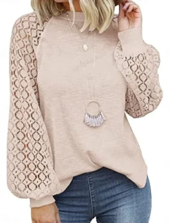 Best Women's Elegant Lace Tops Eyelet Blouse Casual Solid Color Regular Tops Long Sleeve Crew Neck Lace Patchwork Regular Fit Daily Black Beige Gray Romantic Petite Tops Summer Holiday Wear Women Lace Tops