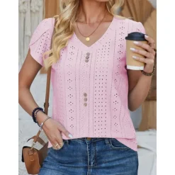 Clearance Women's Elegant Lace Tops Eyelet Blouse Daily Stylish Plain Regular Tops Short Sleeve V Neck Lace Buttons Regular Fit Vacation Daily Romantic Petite Tops Summer Holiday Wear Sage Green White Pink Blue Women Lace Tops