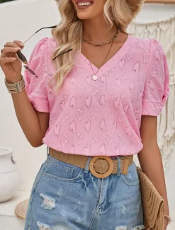 Discount Women's Elegant Lace Tops Eyelet Blouse Solid Color Regular Tops Short Sleeve V Neck Regular Fit Daily Stylish Casual Romantic Petite Tops Summer Holiday Wear Pink Blue Summer Spring Fall Women Lace Tops