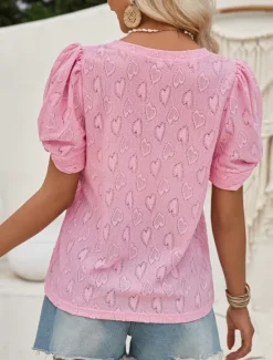Discount Women's Elegant Lace Tops Eyelet Blouse Solid Color Regular Tops Short Sleeve V Neck Regular Fit Daily Stylish Casual Romantic Petite Tops Summer Holiday Wear Pink Blue Summer Spring Fall Women Lace Tops