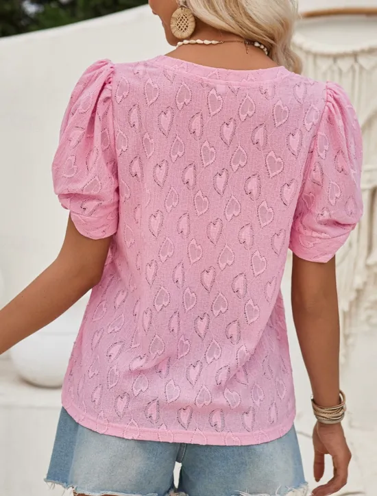 Discount Women's Elegant Lace Tops Eyelet Blouse Solid Color Regular Tops Short Sleeve V Neck Regular Fit Daily Stylish Casual Romantic Petite Tops Summer Holiday Wear Pink Blue Summer Spring Fall Women Lace Tops