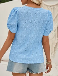 Discount Women's Elegant Lace Tops Eyelet Blouse Solid Color Regular Tops Short Sleeve V Neck Regular Fit Daily Stylish Casual Romantic Petite Tops Summer Holiday Wear Pink Blue Summer Spring Fall Women Lace Tops