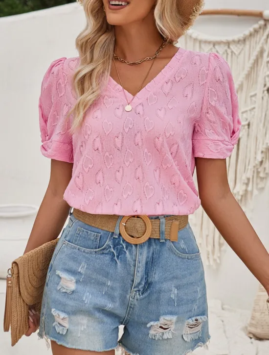 Discount Women's Elegant Lace Tops Eyelet Blouse Solid Color Regular Tops Short Sleeve V Neck Regular Fit Daily Stylish Casual Romantic Petite Tops Summer Holiday Wear Pink Blue Summer Spring Fall Women Lace Tops
