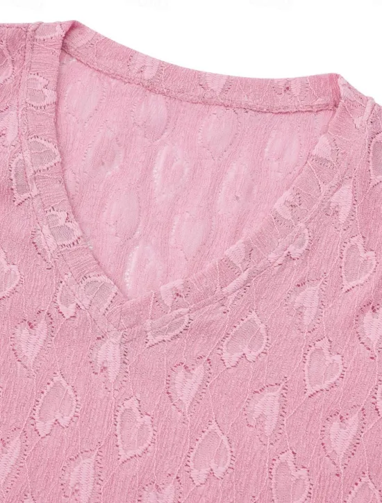 Discount Women's Elegant Lace Tops Eyelet Blouse Solid Color Regular Tops Short Sleeve V Neck Regular Fit Daily Stylish Casual Romantic Petite Tops Summer Holiday Wear Pink Blue Summer Spring Fall Women Lace Tops