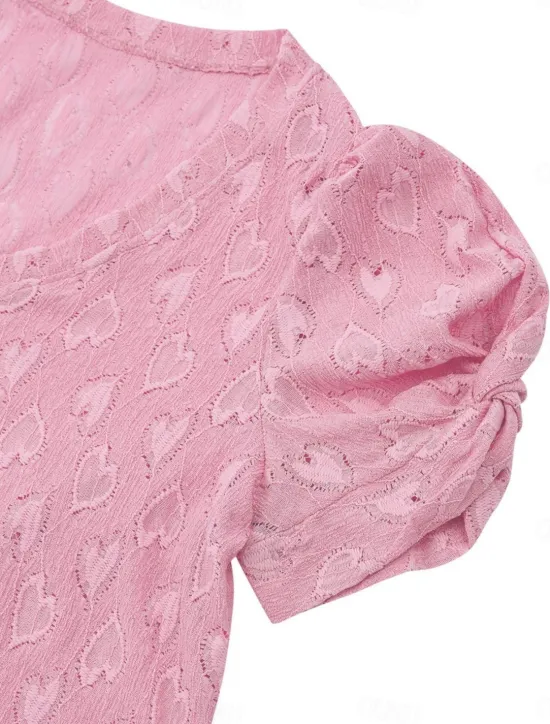 Discount Women's Elegant Lace Tops Eyelet Blouse Solid Color Regular Tops Short Sleeve V Neck Regular Fit Daily Stylish Casual Romantic Petite Tops Summer Holiday Wear Pink Blue Summer Spring Fall Women Lace Tops