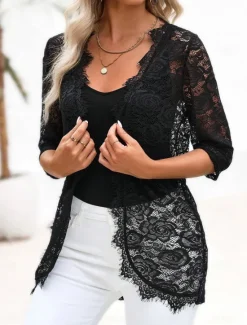 Outlet Women's Elegant Lace Tops Eyelet Blouse Stylish Modern Lace 3 4 Length Sleeve Regular Tops Crew Neck Work Daily Romantic Petite Tops Summer Holiday Wear Women Lace Tops