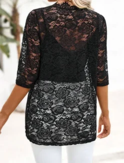 Outlet Women's Elegant Lace Tops Eyelet Blouse Stylish Modern Lace 3 4 Length Sleeve Regular Tops Crew Neck Work Daily Romantic Petite Tops Summer Holiday Wear Women Lace Tops