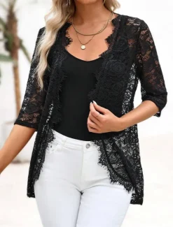 Outlet Women's Elegant Lace Tops Eyelet Blouse Stylish Modern Lace 3 4 Length Sleeve Regular Tops Crew Neck Work Daily Romantic Petite Tops Summer Holiday Wear Women Lace Tops