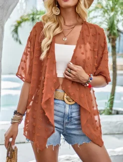 Discount Women's Elegant Lace Tops Eyelet Blouse Stylish Lace Flutter Sleeve Half Sleeve Regular Tops V Neck Daily Romantic Petite Tops Summer Holiday Wear Black White Brown Summer Women Lace Tops