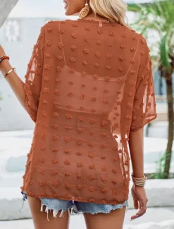 Discount Women's Elegant Lace Tops Eyelet Blouse Stylish Lace Flutter Sleeve Half Sleeve Regular Tops V Neck Daily Romantic Petite Tops Summer Holiday Wear Black White Brown Summer Women Lace Tops