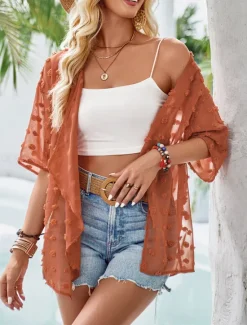 Discount Women's Elegant Lace Tops Eyelet Blouse Stylish Lace Flutter Sleeve Half Sleeve Regular Tops V Neck Daily Romantic Petite Tops Summer Holiday Wear Black White Brown Summer Women Lace Tops