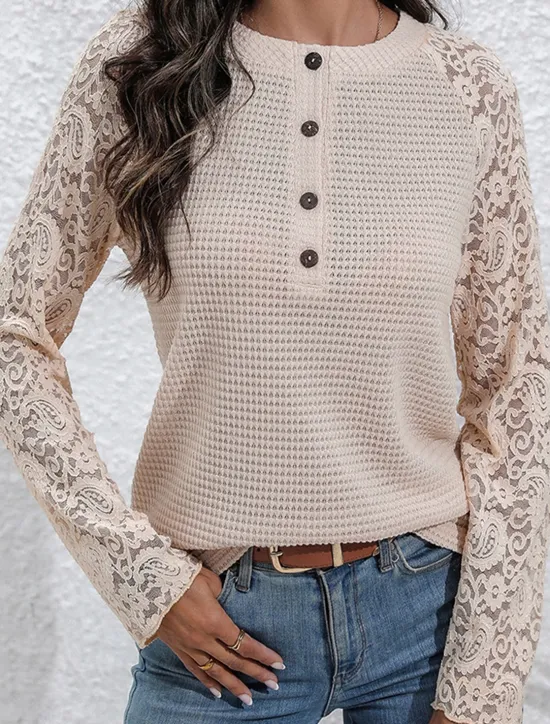 Women's Elegant Lace Tops Eyelet Blouse Solid Color Lace Long Sleeve Regular Tops V Neck Daily Romantic Petite Tops Summer Holiday Wear Black Pink Beige Spring Fall Semi Formal Blouses Women Lace Tops