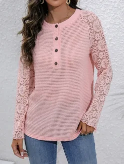 Women's Elegant Lace Tops Eyelet Blouse Solid Color Lace Long Sleeve Regular Tops V Neck Daily Romantic Petite Tops Summer Holiday Wear Black Pink Beige Spring Fall Semi Formal Blouses Women Lace Tops