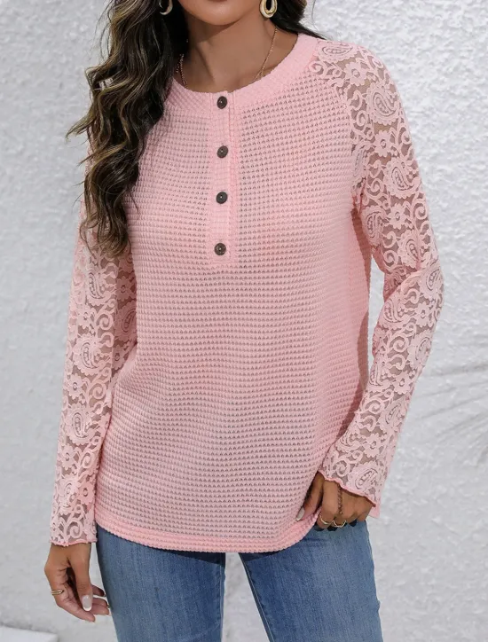 Women's Elegant Lace Tops Eyelet Blouse Solid Color Lace Long Sleeve Regular Tops V Neck Daily Romantic Petite Tops Summer Holiday Wear Black Pink Beige Spring Fall Semi Formal Blouses Women Lace Tops