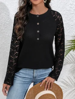 Women's Elegant Lace Tops Eyelet Blouse Solid Color Lace Long Sleeve Regular Tops V Neck Daily Romantic Petite Tops Summer Holiday Wear Black Pink Beige Spring Fall Semi Formal Blouses Women Lace Tops