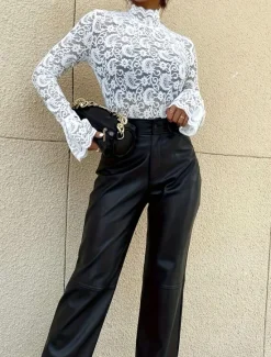 Sale Women's Elegant Lace Tops Eyelet Blouse Black White Pink Plain Sexy Lace Street Daily Fashion Round Regular Fit Bell Sleeve Romantic Petite Tops Summer Holiday Wear Evening Tops Women Lace Tops