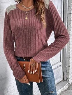 Hot Women's Elegant Lace Tops Eyelet Blouse Casual Solid Color Regular Tops Long Sleeve Crew Neck Lace Patchwork Regular Fit Daily Red Gray Romantic Petite Tops Summer Holiday Wear Women Lace Tops