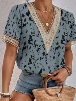 Discount Women's Elegant Lace Tops Eyelet Blouse Lace Top Work Going out Vintage Stylish Short Sleeve Romantic Petite Tops Summer Holiday Wear Blue Summer Spring Women Lace Tops