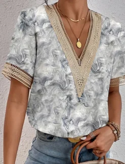 Discount Women's Elegant Lace Tops Eyelet Blouse Lace Top Work Going out Vintage Stylish Short Sleeve Romantic Petite Tops Summer Holiday Wear Blue Summer Spring Women Lace Tops