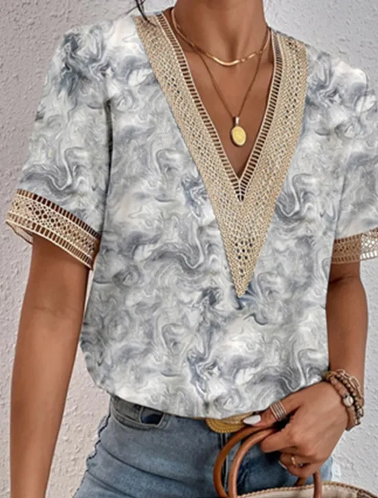 Discount Women's Elegant Lace Tops Eyelet Blouse Lace Top Work Going out Vintage Stylish Short Sleeve Romantic Petite Tops Summer Holiday Wear Blue Summer Spring Women Lace Tops