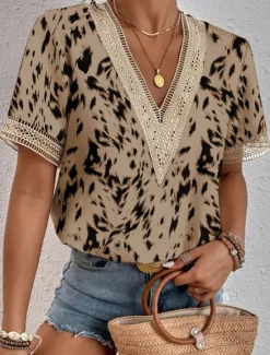Discount Women's Elegant Lace Tops Eyelet Blouse Lace Top Work Going out Vintage Stylish Short Sleeve Romantic Petite Tops Summer Holiday Wear Blue Summer Spring Women Lace Tops