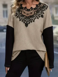 Women's Elegant Lace Tops Eyelet Blouse Fashion Modern Casual Plain Regular Tops Long Sleeve Crew Neck Regular Fit Daily Weekend Romantic Petite Tops Summer Holiday Wear Fall Winter Women Lace Tops