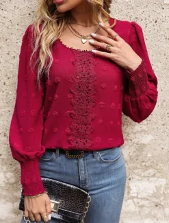 Best Women's Elegant Lace Tops Eyelet Blouse Casual Solid Color Regular Tops Long Sleeve Crew Neck Lace Patchwork Regular Fit Daily Romantic Petite Tops Summer Holiday Wear Women Lace Tops