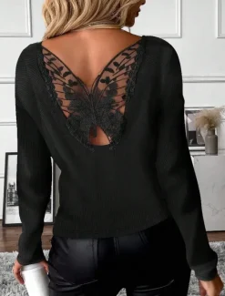 Hot Women's Elegant Lace Tops Eyelet Sexy Blouse Casual Solid Color Regular Tops Long Sleeve Crew Neck Lace Patchwork Regular Fit Daily Romantic Petite Tops Summer Holiday Wear Evening Tops Women Lace Tops