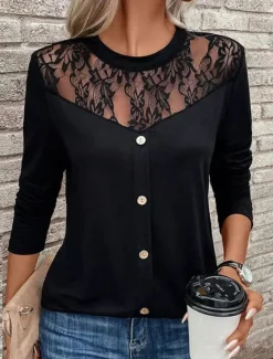 Clearance Women's Elegant Lace Tops Eyelet Sexy Blouse Casual Solid Color Regular Tops Long Sleeve Crew Neck Lace Patchwork Buttons Regular Fit Daily Romantic Petite Tops Summer Holiday Wear Evening Tops Women Lace Tops