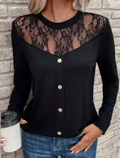 Clearance Women's Elegant Lace Tops Eyelet Sexy Blouse Casual Solid Color Regular Tops Long Sleeve Crew Neck Lace Patchwork Buttons Regular Fit Daily Romantic Petite Tops Summer Holiday Wear Evening Tops Women Lace Tops