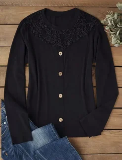 Clearance Women's Elegant Lace Tops Eyelet Sexy Blouse Casual Solid Color Regular Tops Long Sleeve Crew Neck Lace Patchwork Buttons Regular Fit Daily Romantic Petite Tops Summer Holiday Wear Evening Tops Women Lace Tops